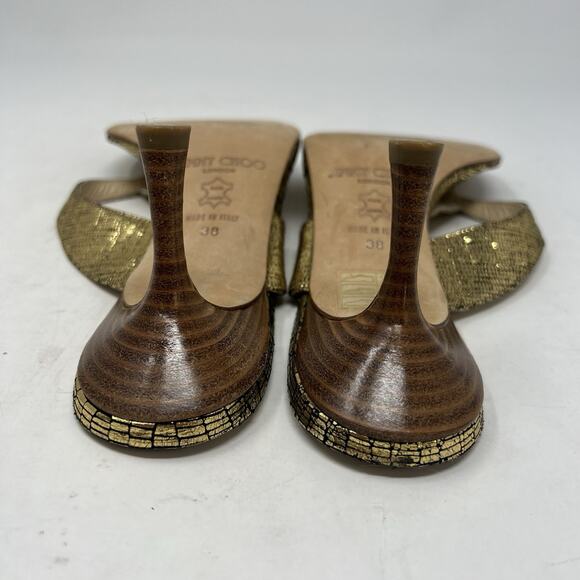 Jimmy Choo Gold Textured Leather Thong Wooden Heel Sandals Size 38 EU Y2K NYE - Picture 4 of 9